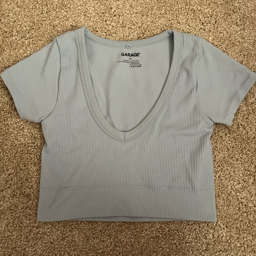 Garage Sky Blue Ribbed V-Neck Top